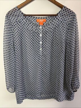 Joe Fresh XXL Navy Geometric Print Button Front Blouse Boho